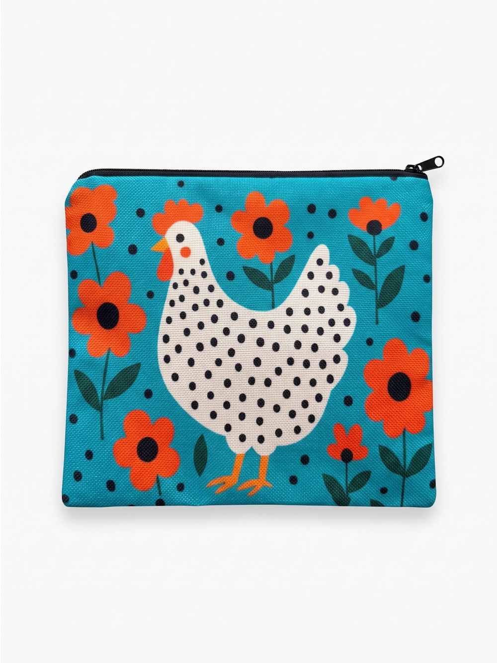 White Polka Dot Chicken Zipper Pouch Bag - Turquoise and Orange